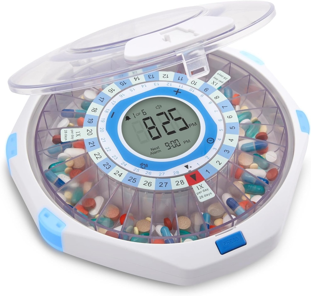 LiveFine WiFi Automatische Pillenspender und Remote Medication Monitoring System mit Locking Key, 28-Day Medication Organizer Bis zu 9 Dosierungen pro, einstellbare Licht/Sound Alarme für Rezepte & Vitami