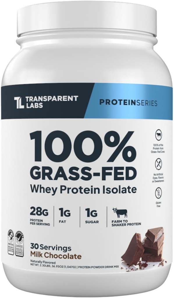 Transparent Labs Gras-Fed Whey Protein Isolate - Natürlich aromatisiert, Glutenfrei Whey Protein Pulver mit 28g Protein pro Servieren & 9 Aminosäuren - 30 Servierungen, Milchschokolade