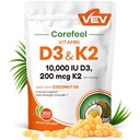 VEV Corefeel Vitamin D3 K2 10.000 IU, 200 mcg MK-7, 300 Coconut Oil Softgels, 2 in 1 Vitamine Supplement D & K (Include MK7), Einfach zu schlucken, Unterstützt Calciumabsorption, Knochengesundheit