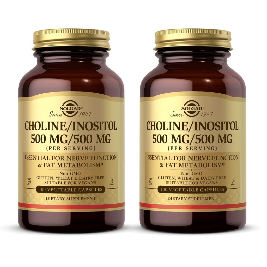 Solgar Choline/Inositol 500 mg/500 mg, 100 Gemüsekapseln (Pack von 2) - Energiemetabolismus, Lebergesundheit, essentiell für Gehirn- & Nerve-Funktion - Non-GMO, Vegan, Kosher - 100 Gesamt Servierungen