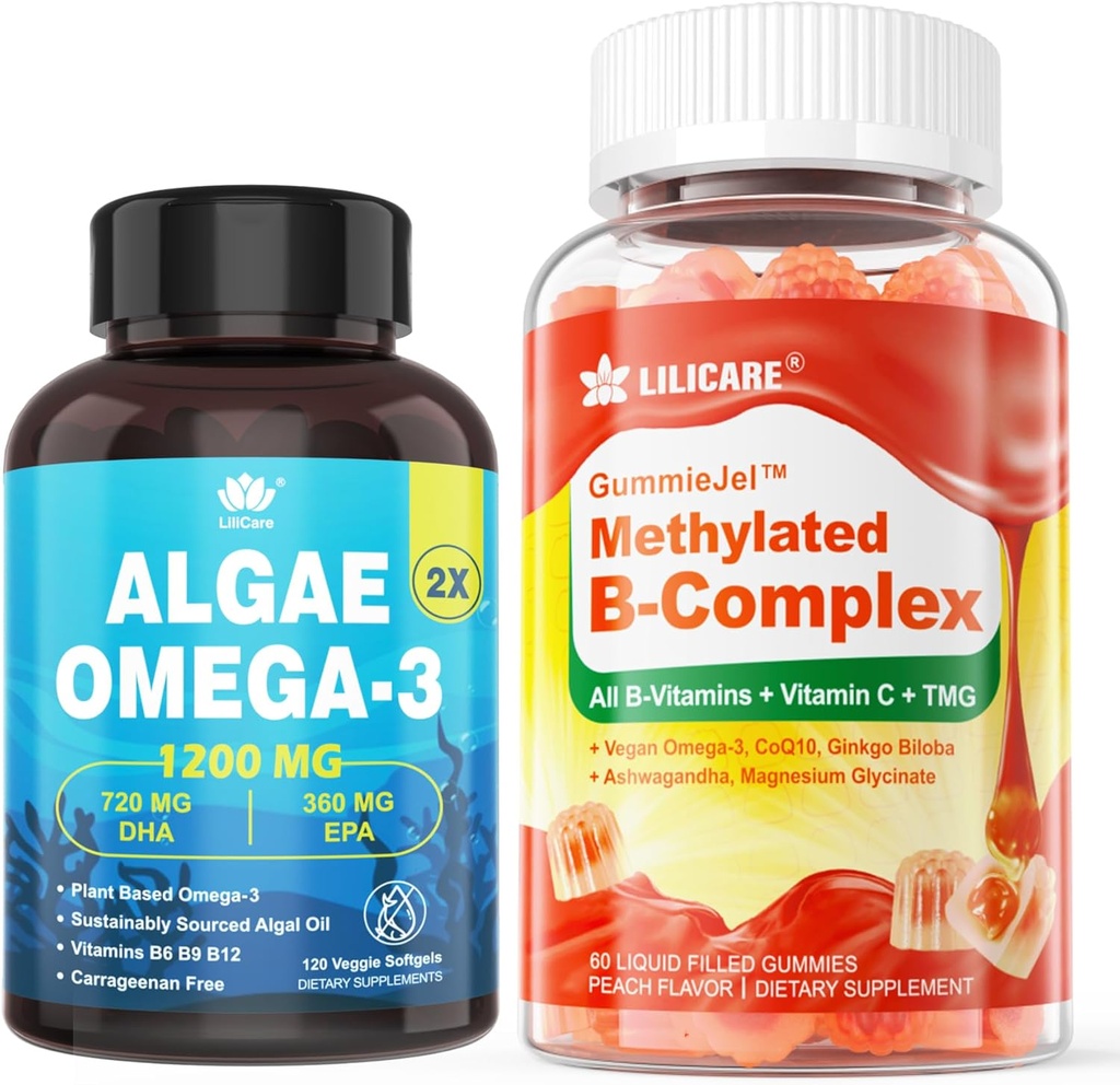 Vitamine B Gommies complexes remplies et Algae Omega à base végétale 3 1200mg Supplément