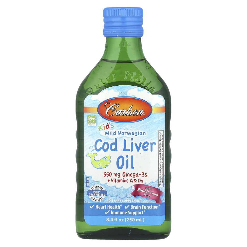 Carlson Kid's Wild Norwegian, Huile de foie de morue + Vitamines A & D3, Bubble Gum, 8,4 fl oz (250 ml)