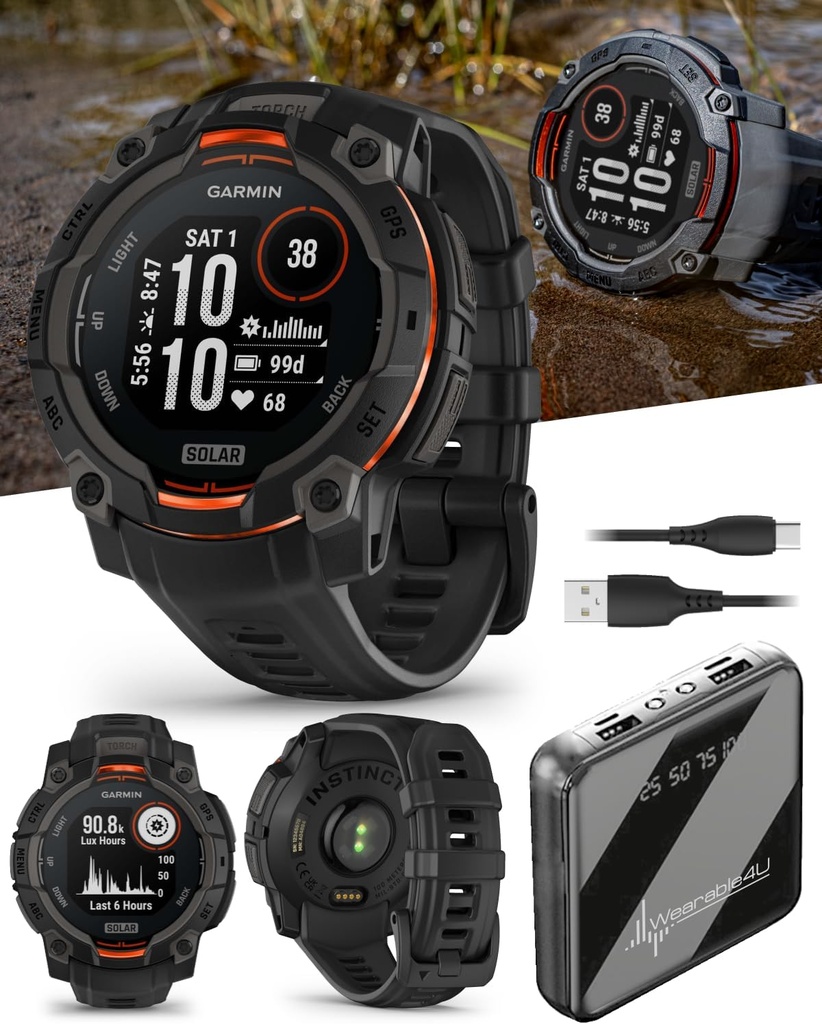 Portable4U Garmin Instinct 3 Solar 45 mm, Smartwatch GPS d'extérieur robuste, lunette renforcée en métal, lampe de poche intégrée, jusqu'à 28 jours de vie de batterie, noir avec groupe de bandes noires