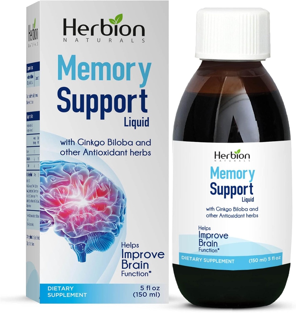 HERBION Naturals Soutien mémoire liquide - aide à améliorer la fonction cérébrale et l'esprit absent, maintient des niveaux d'humeur sains avec Ginkgo Biloba, adultes et enfants de plus de 12 ans, 5 fl oz, 150 ml