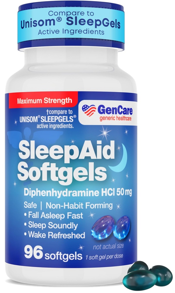 GenCare Maximale Stärke Nacht Schlafhilfe Ergänzung für Erwachsene Tiefschlaf Pillen mit Diphenhydramin HCl 50mg zu schlafen schneller- Starke Non-Habit Forming PM Schlafhilfe [96 Softgels]