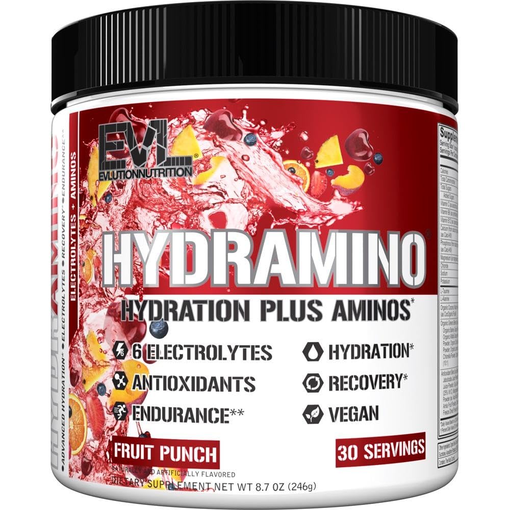 Évlution Nutrition HYDRAMINO Multiplicateur d'hydratation complet, tous les 6 électrolytes, vitamine C et B, fluide boosting aminos, eau de coco, endurance, récupération, antioxydants, 30 servir, punch fruit