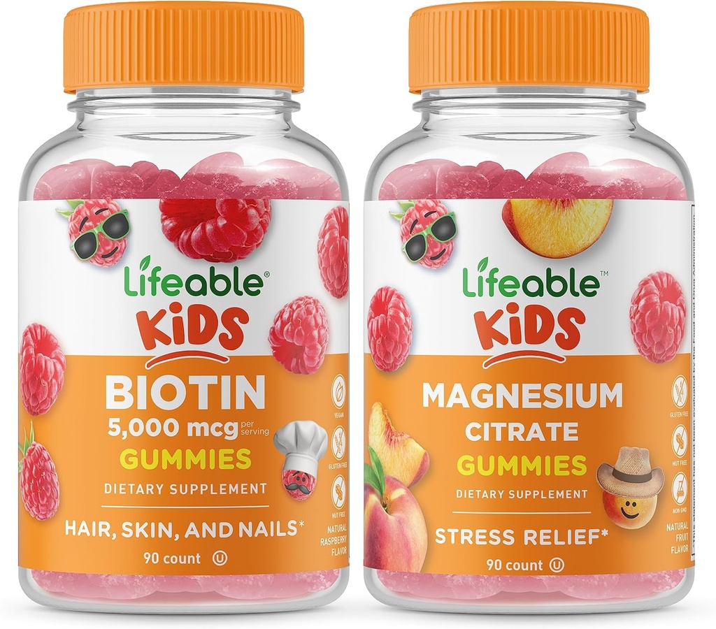 Lebensfähiges Biotin Kinder + Magnesium Citrate Kinder, Gummie Bundle - Große Verkostung, Vitamin-Ergänzung, Glutenfrei, GVOfrei, Kaugummi