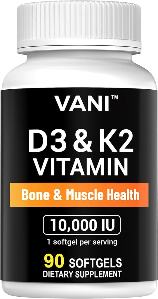 VANI Vitamines D3 (10000iu/250mcg) + K2 (en Mk7) pour la santé des os et des muscles et des dents, 90 SOFTGELS