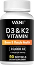 VANI Vitamine D3 (10000iu/250mcg) + K2 (als Mk7), für Knochen & Muskel & Zähne Gesundheit, 90 SOFTGELS