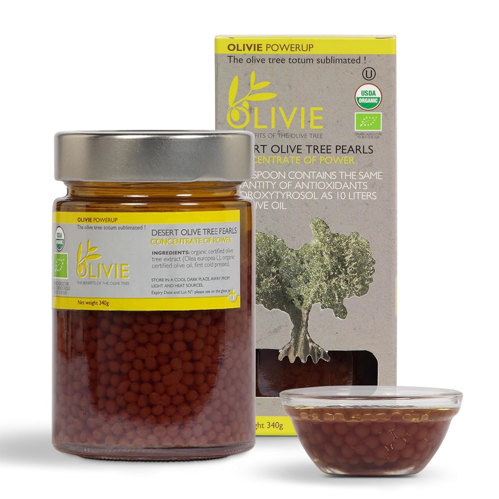 Bio Olivenblatt Extrakt Kapseln, PowerUp Pearls von OLIVIE, Antioxidante Polyphenole Ergänzung, Olivenöl Scrub für Haut, Immununterstützung, 340g