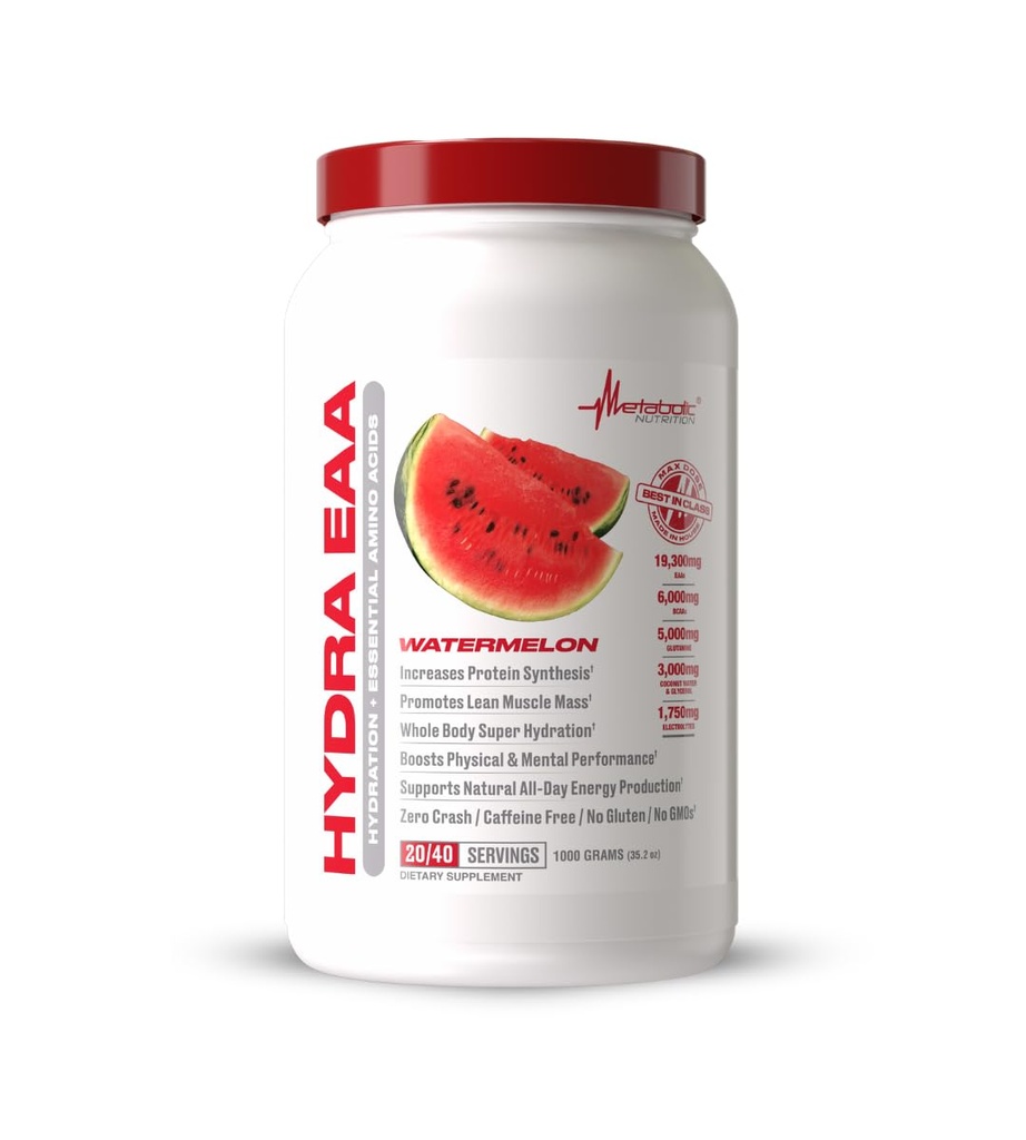 Metabolic Nutrition Hydra EAA, 1000g von essentiellen Aminosäuren + Hydration, EAAs, BCAAs, Glutamin, Electorlytes, Coconut Water & Glycerol, Amazing Flavors (Watermelon, 1000g)