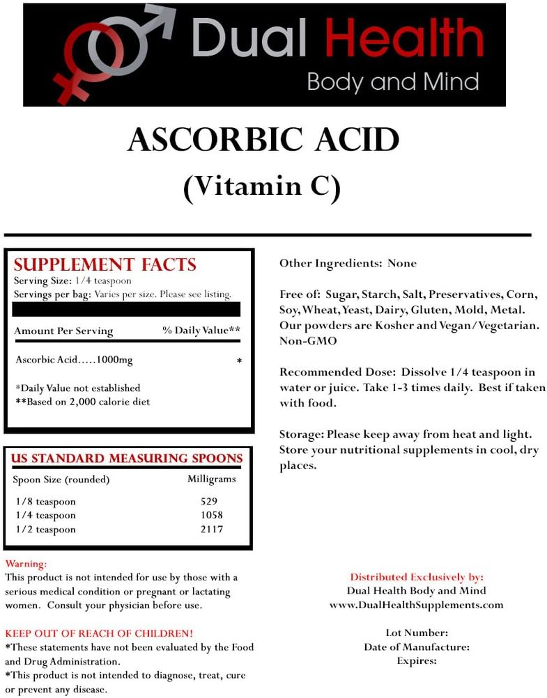 Dual Health Body & Mind 1 (1 lb) Sachet de chaque acide ascorbique (vitamine C) et MSM (méthylsulfonylméthane) Poudre Combo