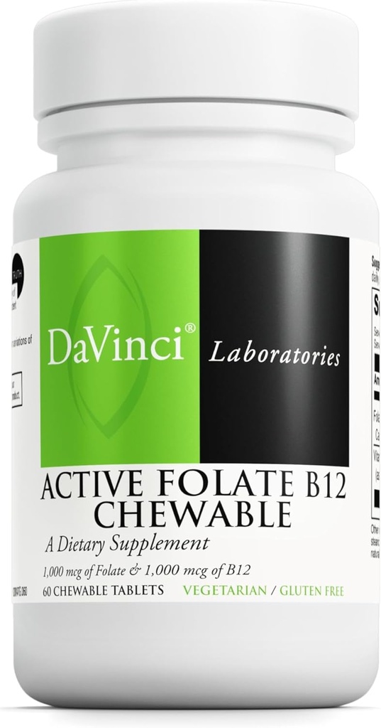 DAVINCI Labs Active Folate B12 Chewable - Nahrungsergänzungsmittel zur Unterstützung von Herzgesundheit, gesunden Nerven, Immunfunktion und Energieproduktion* - mit Folat und Vitamin B12-60 Kautabletten