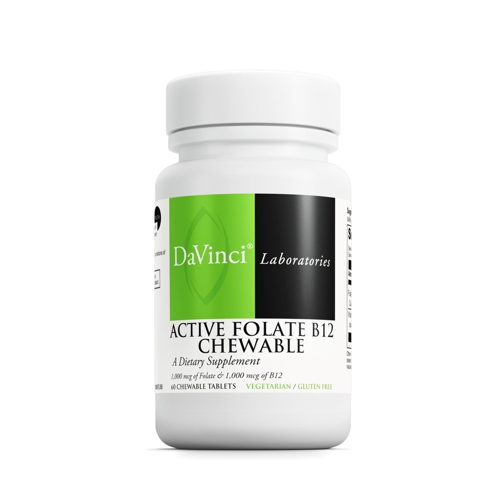 DAVINCI Labs Folate actif B12 Chewable - Supplément alimentaire pour soutenir la santé cardiaque, les nervures saines, la fonction immunitaire et la production d'énergie* - avec folate et vitamine B12-60 Chewable Comprimés