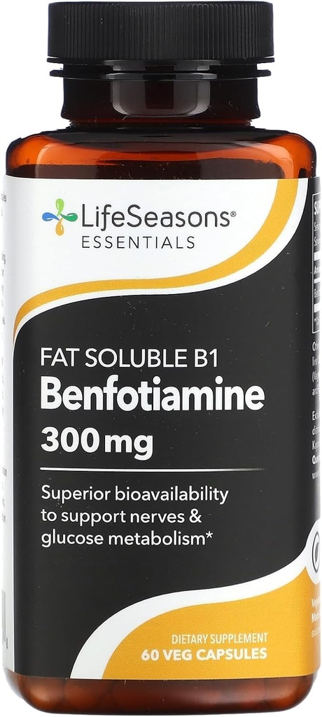 LifeSeasons Essentials Benfotiamine - Fat Soluble B1 - Soutient une circulation et une vision saines - Améliore la mémoire et la performance cognitive - puissant antioxydant - 60 capsules