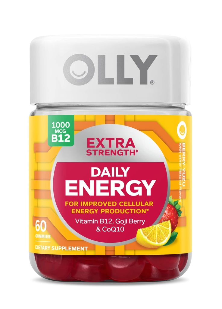 OLLY Extra Strength Daily Energy Gummy, Sans caféine, 1000 mcg de vitamine B12, CoQ10, Goji Berry, Supplément à croquer pour adultes, Berry Yuzu Flavor - 60 Comte