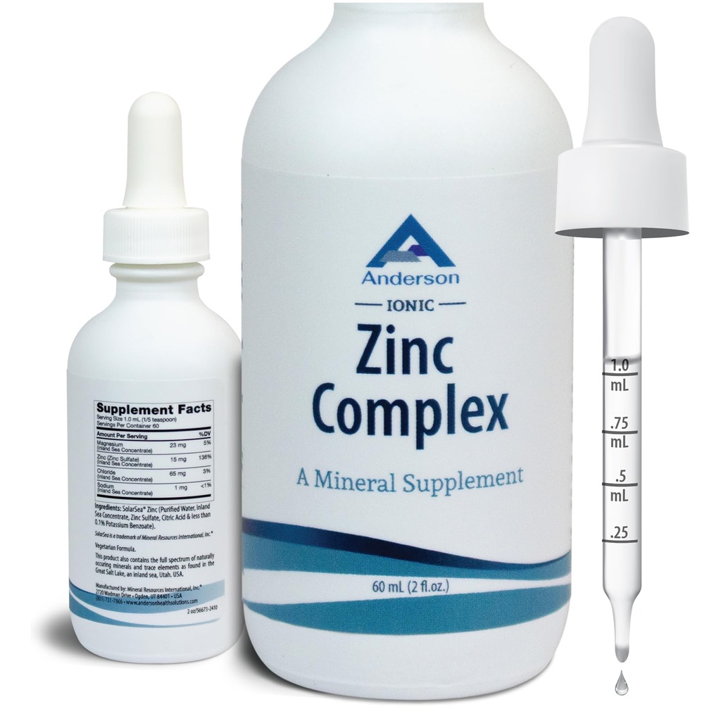 Anderson Ionic Zinc Complex, gouttes liquides pour le soutien immunitaire, 15mg de sulfate de zinc par service, supplément minéral équilibré de trace pour les femmes, hommes, 60 portions, bouteille de 2oz