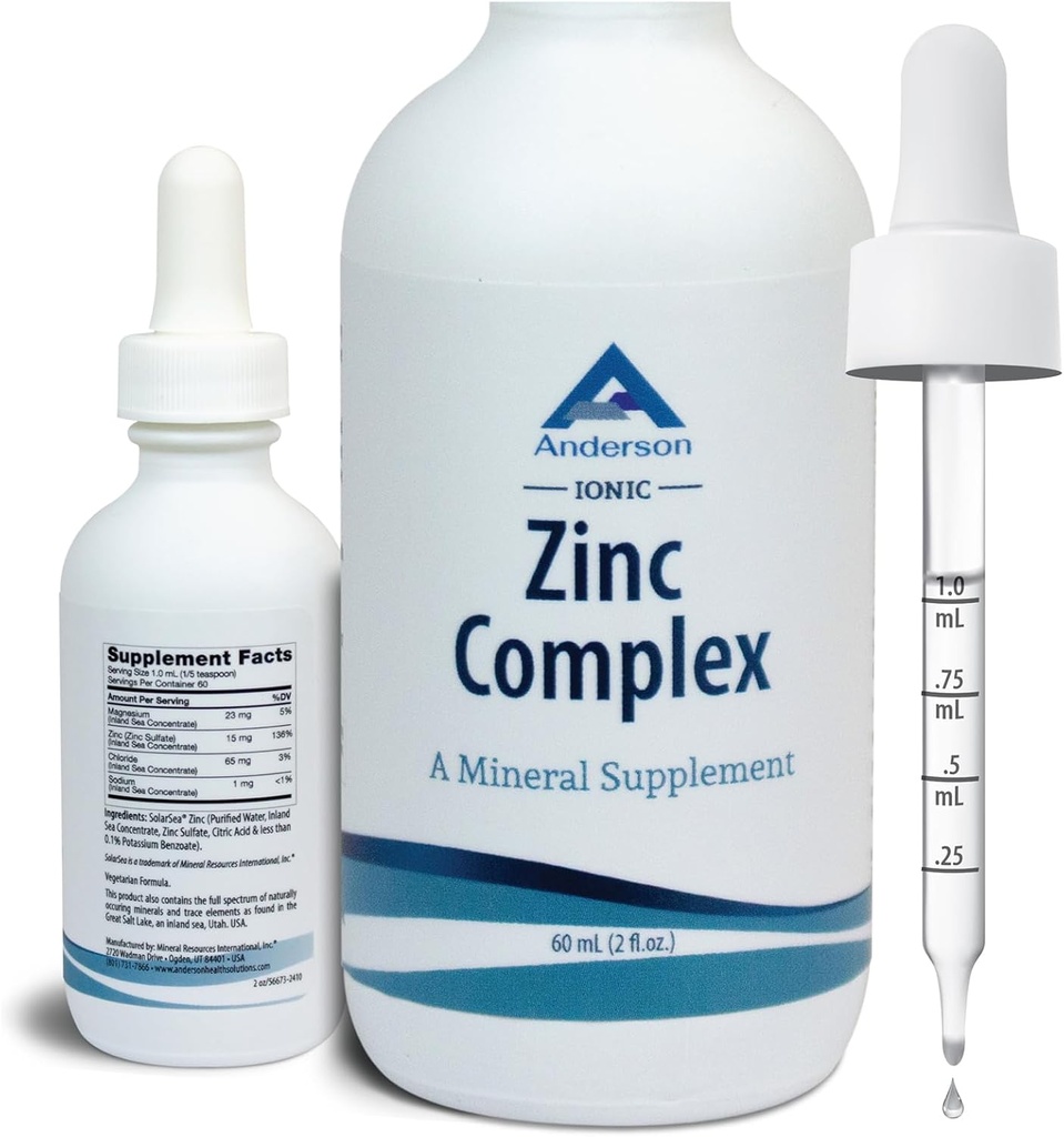 Anderson Ionic Zinc Complex, gouttes liquides pour le soutien immunitaire, 15mg de sulfate de zinc par service, supplément minéral équilibré de trace pour les femmes, hommes, 60 portions, bouteille de 2oz