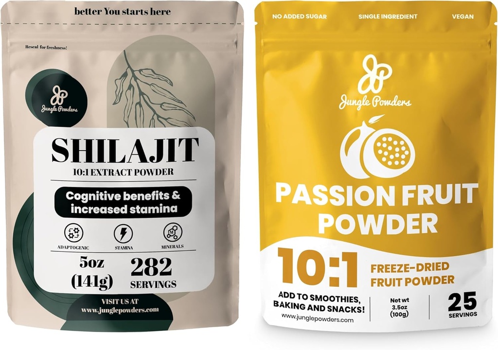 Jungle Powders Premium Duo: 5oz Raw Shilajit & 3.5oz Passion Fruit Powder - Men's Energy Support, Immune Boost, with Freeze Dried Passion Fruit Powder for Baking, Smoothies, Additive-Free Extract