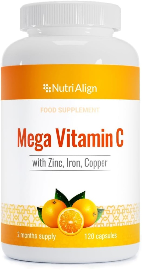 Nutri-Align Mega Vitamin C | 120 Hohe Stärke Vitamin C 1000mg Kapseln - Vitamin C und Zink, Eisen & Kupfer Ergänzung | VIT C Ergänzungen | Gluten & Zucker Free | Leistungsstarke Antioxidantien