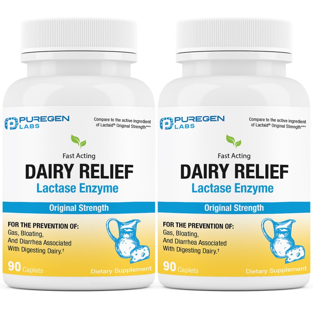 Puregen Labs Dairy Relief Natural Fast Acting Lactase Enzyme 3000 FCC, Lactose Intoleranz Pillen | 2 Pack - 180 Caplets Insgesamt