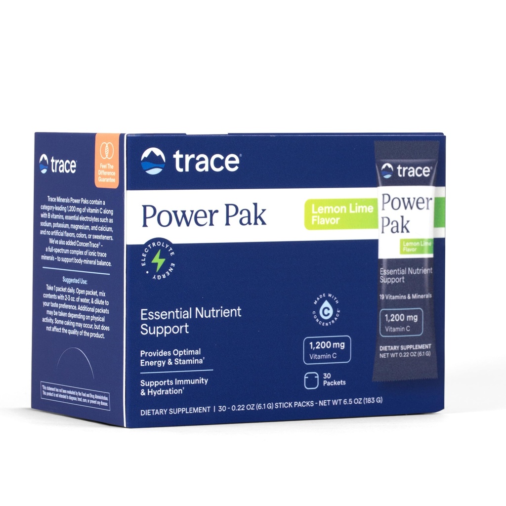 Trace Minerals Power Pak Multivitamin und Multimineral-Packets - Elektrolyt-Unterstützung - 1200 mg Vitamin C plus 70+ Trace Minerals - Lemon Lime Flavor - 30 Pakete