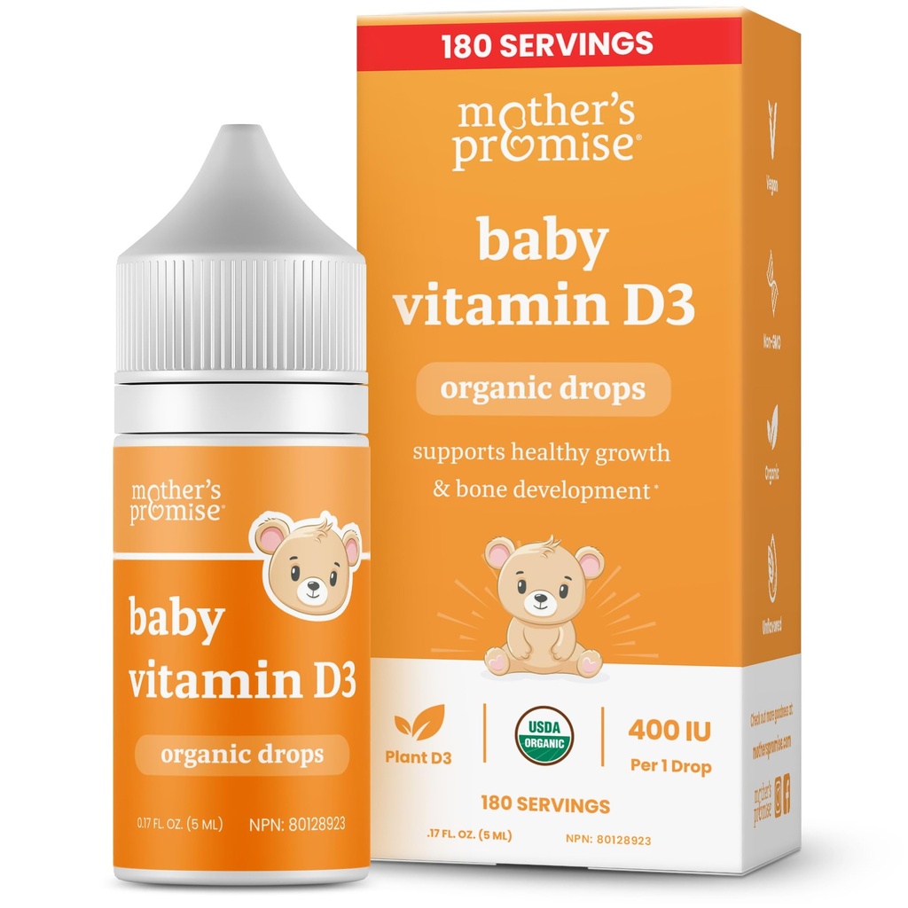 Mutter's Promise Organic Baby Vitamin D Tropfen | 100% Pflanzenbasis | Gesundes Wachstum & Knochen Entwicklung | Alter Neugeboren + | 180 Servierungen | Baby Vitamin D3 Flüssigkeit für Kleinkinder & Kleinkinder | 400 IU für Babys