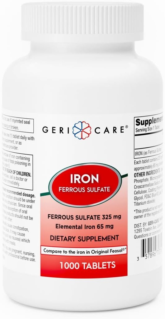 GeriCare Eisensulfat Tabletten 325mg, Elemental Eisen 65 mg Hochpotenz Eisen Ergänzung | Nahrungsergänzung 1000 Graf. (Pack von 1)