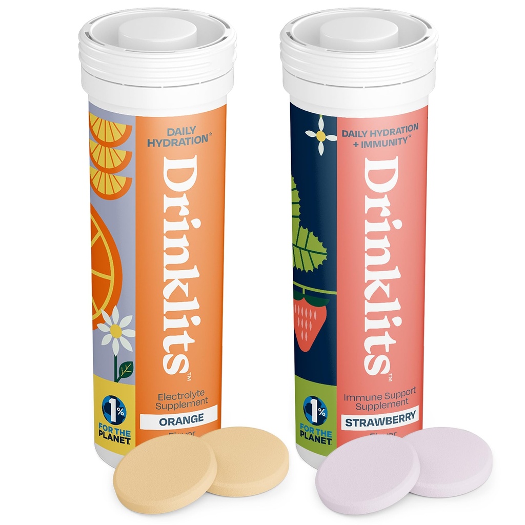 Drinklits Orange Daily Hydration Tablets + Erdbeer Immunität Tablets (2) Tube Pack | Essential Electrolytes – Großer Geschmack – Immununterstützung | 20 Servierungen (10 Tabletten pro Tube)