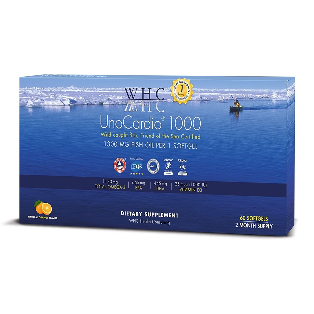 WHC, UnoCardio 1000 Fischöl, 1300 mg reines Triglycerid Fischöl mit Omega-3 (1180 mg), 665 mg EPA und 445 mg DHA und 25 mcg (1000 IU) Vitamin D3 pro Softgel, natürliche Orange, 60 Softgele