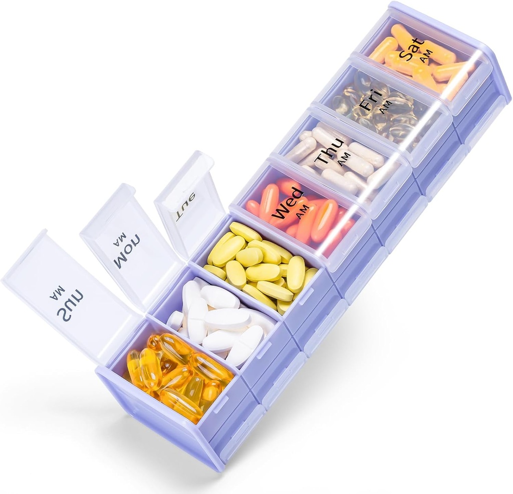Extra große wöchentliche Pille Organizer 2 Mal pro Tag - Betife 7 Tage Pille Box, PM Pille Case mit Doppelschicht Jumbo Kompartment für Pillen, Vitamin, Fish Oil, Supplements(Puple/White)