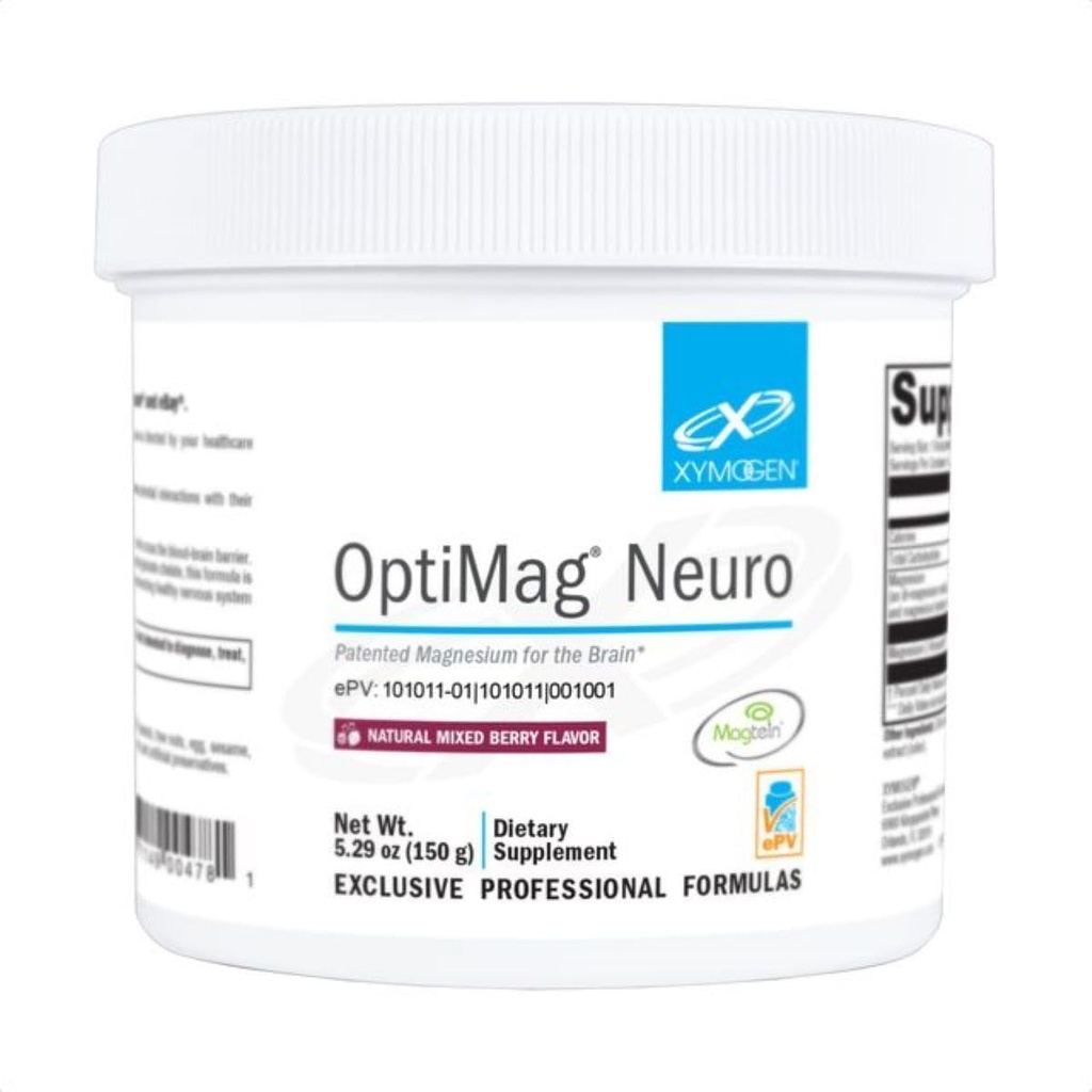 XYMOGEN OptiMag Neuro - Chelat Magnesium Pulver - mit Magnesium Glycinat & L-Threonat - Unterstützung Brain Gesundheit & Entspannung - Mischbeere (60 Servietten)