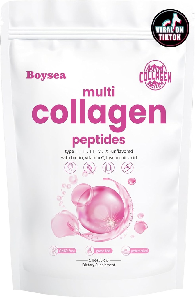 Boysea. Multi-Collagen Peptide Powder - Hydrolysed Protein Peptide Typen I, II, III, V, X mit Biotin & Vitamin C, Unterstützt Haut, Haar, Nagel und Joint, Unflavored, Non-GMO, Gluten-Free, Easy Mix 1LB