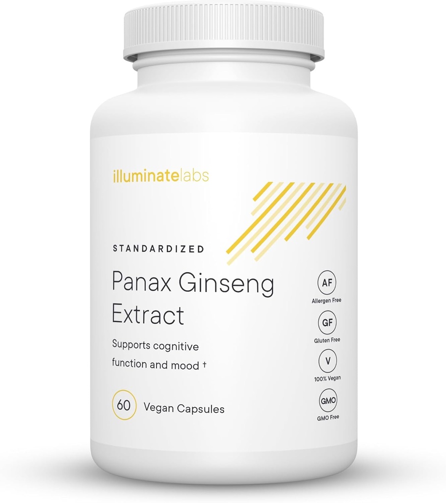 Illuminate Labs Panax Ginseng Extract Capsules (200 mg) Supporte l'énergie, la fonction cognitive et l'humeur Testé et soutenu par la recherche médicale