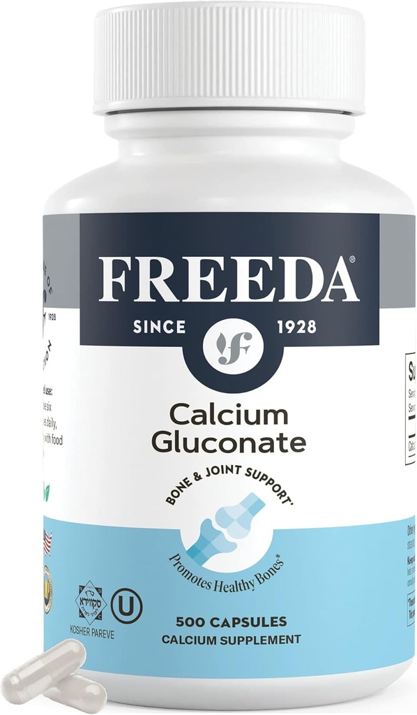 Freeda Calcium Gluconate – Kosher Vegan Calcium Supplement – Einfach zu digest &amp; Absorbieren – unterstützt Knochenstärke – Reines Calcium ohne Vitamin D – (500 Kapseln)