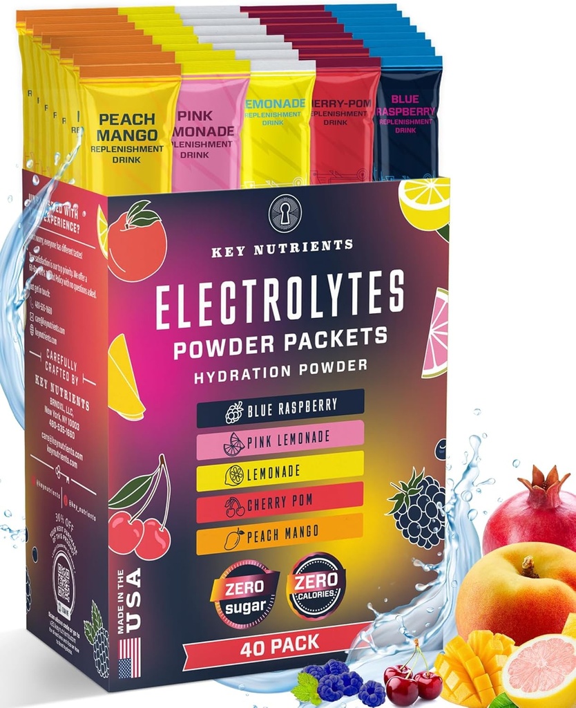 CLÉS NUTRIENTS 40 Pack Multivitamines Packs Hydratation - 5 Saveurs Délicieuses - Electrolytes Packs en poudre Pas de sucre - Pas de calories, sans gluten, Keto - 40 portions - Fabriqué aux États-Unis
