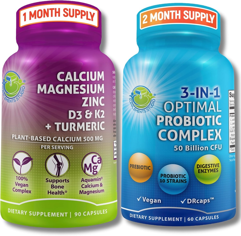 Bone Health & Gut Support Bundle – 3-in-1 Probiotic 50 Billion CFU, Präbiotische und Verdauungsenzyme + Pflanzenbasiertes Calcium, Magnesium, Zink, D3, K2 & Organic Turmeric – Vegan, Non-GMO, Clean Label
