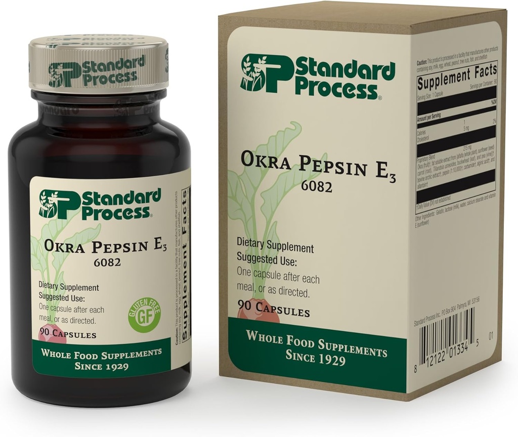 Standard-Prozess - Okra Pepsin E3 - Intestinal Function Support Supplement, Okra, Buckwheat, Glutenfrei - 90 Kapseln