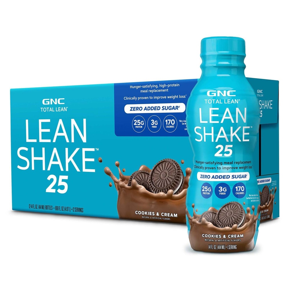 GNC Lean Shake 25 Protein Shake, Clinical Proven Weight Management, Meal Replacement, 25g Protein mit Zero Added Sugar, Ready To Drink, Cookies und Cream, Paket von 12
