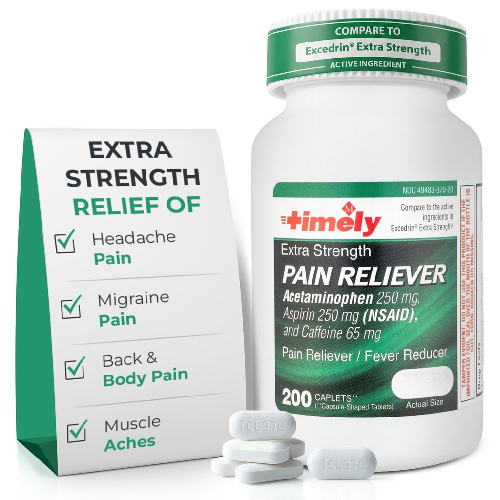 TIME-CAP LABS, INC. Timely Extra Strength Headache Relief - Acetaminophen mit Aspirin & Caffeine (200 Caplets) - Kopfschmerzen, Migräne & Rücken und Körper Schmerzen & Muskeln - Extra Strength - Made in USA
