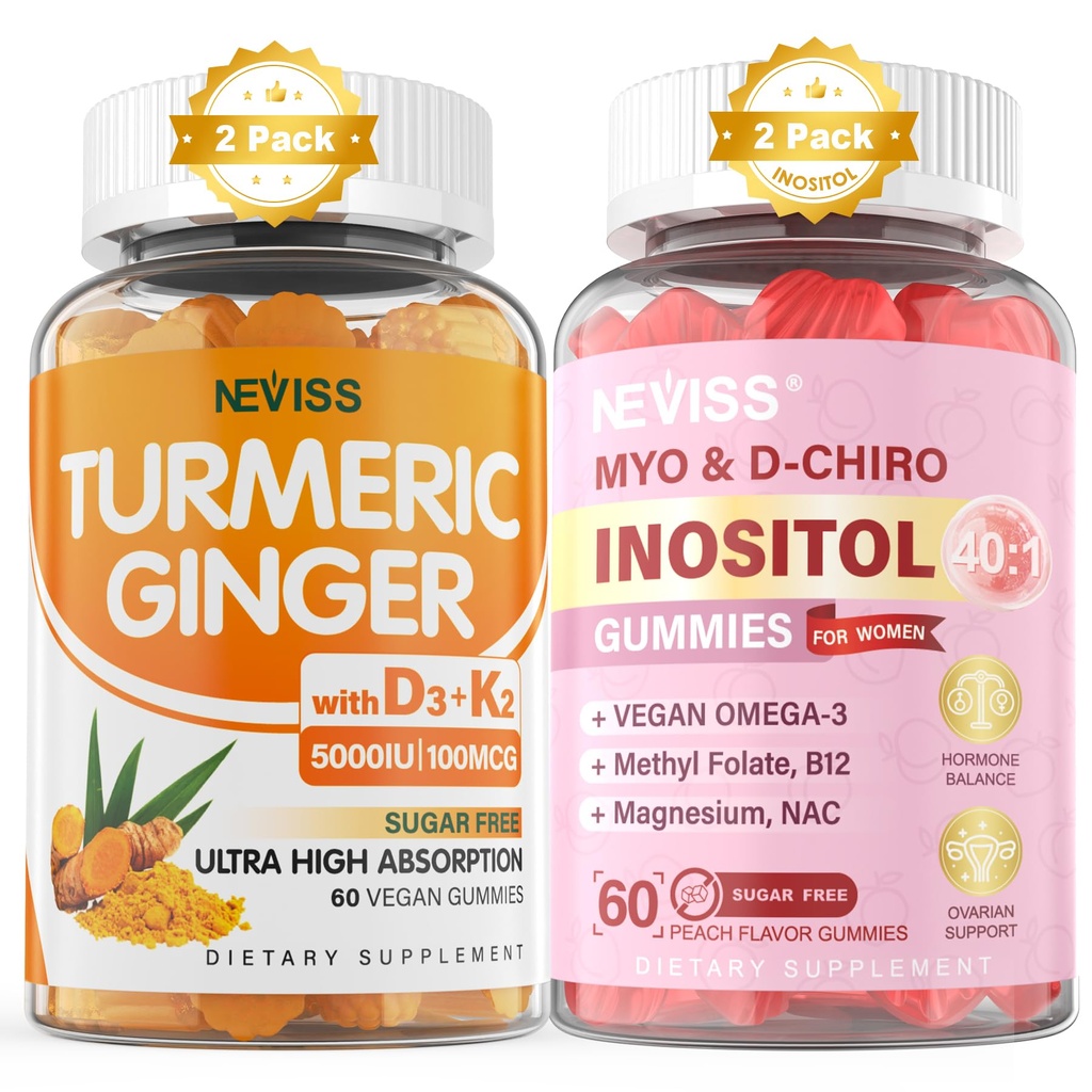 Sugar Free 2Pack Turmeric Ginger Gummis & 2Pack Myo-Inositol & D-Chiro Inositol Gummis