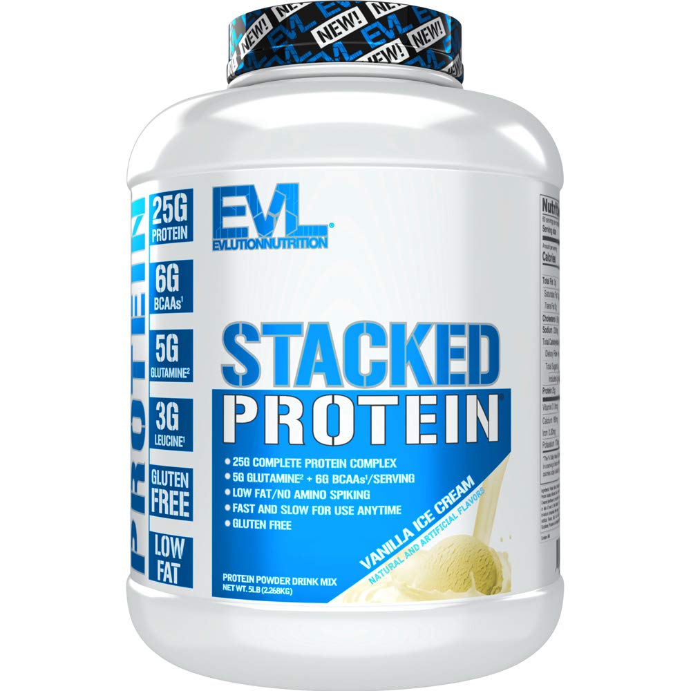 Evlution Nutrition Stacked Protein Powder mit 25 Gramm Protein, 6 Gramm BCAAs und 5g Glutamin (Vanilla Ice Cream, 5 LB)