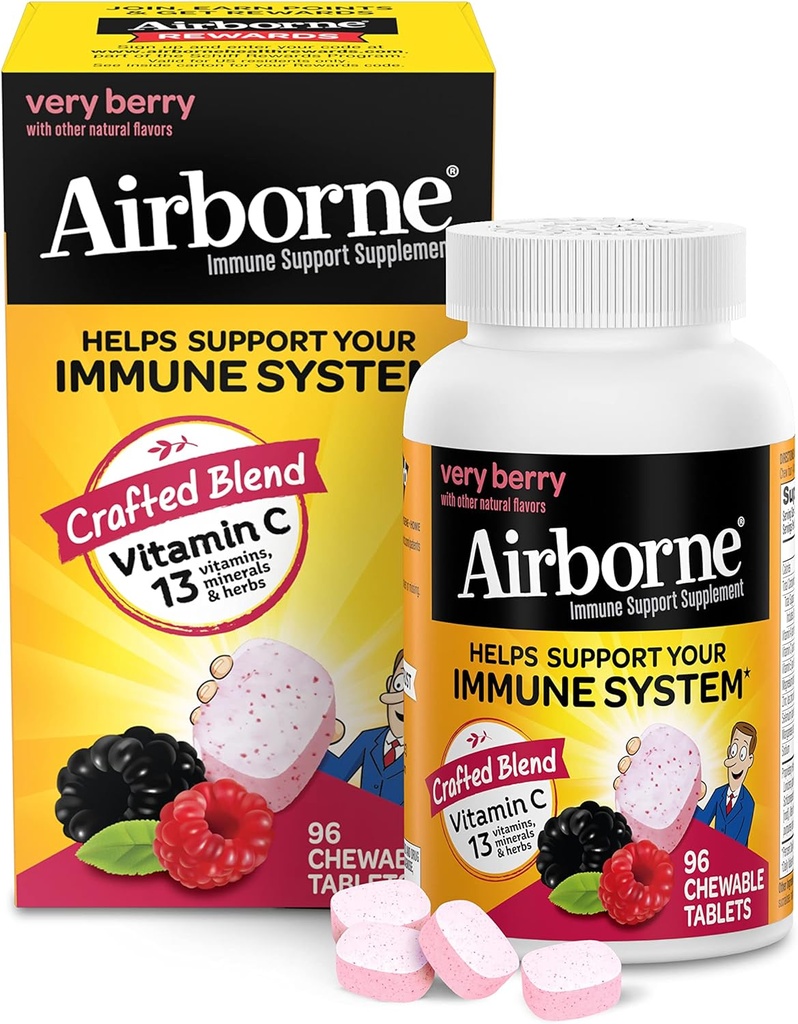 Airborne 1000mg Vitamin C Kautabletten mit Zink, Immununterstützungsergänzung mit leistungsstarken Antioxidantien Vitamine A C & E - 96 Kautabletten, sehr Berry Flavor