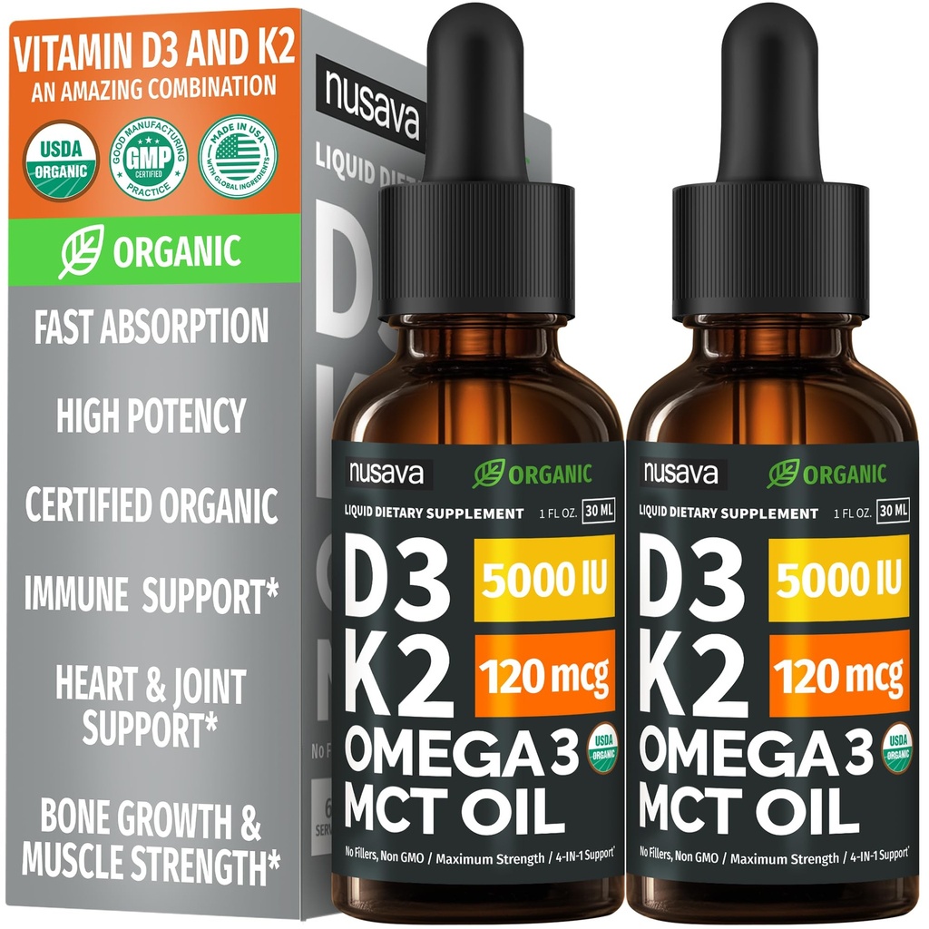 (2 Pack) Bio Vitamin D3 K2 Tropfen mit MCT Öl Omega 3, 5000 IU — Flüssigkeit D3, keine Füllstoffe, Non-GMO, Immununterstützung (Unflavored, 2 Fl Oz)