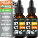 (2 Pack) Vitamine biologique D3 K2 gouttes avec l'huile de MCT Oméga 3, 5000 UI — Liquide D3, Pas de remplissage, non-OGM, support immunitaire (non aromatisé, 2 Fl Oz)