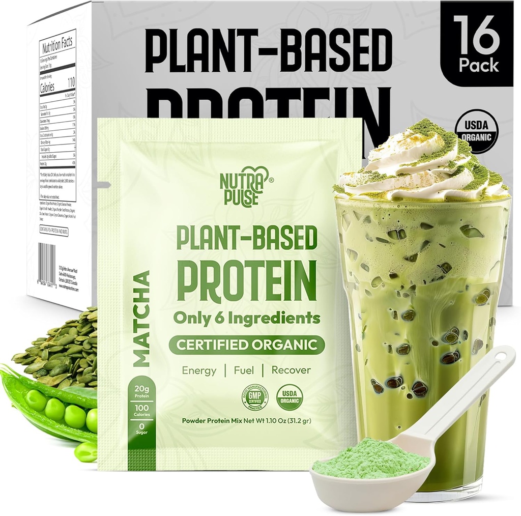 Matcha Vegan Protein Powder Sample Pack – 20g Bio Pflanzenbasiertes Protein – Non-GMO, Gluten-Free, Soy-Free – Smoothie & Shake Ready – Einfach zu digest – 16 Single Servings – Probieren Sie alle 16!