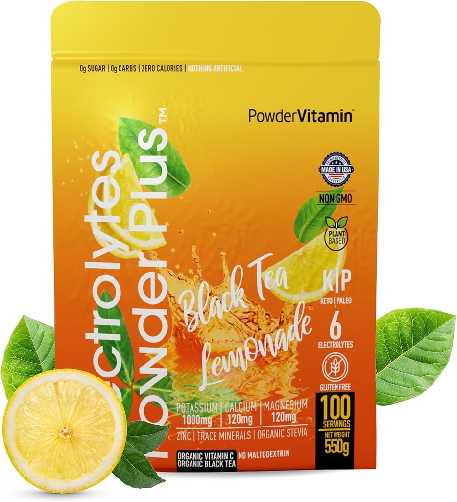 PulverVitamin Elektrolyte Pulver Plus (100 Portionen) Schwarzer Tee-Lemonade Elektrolyt Pulver Zero Calorie Keto,0 Zucker, Kein Maltodextrin, 1000mg Kalium, 120mg Calcium, 120mg Magnesium, Hydration Pulver