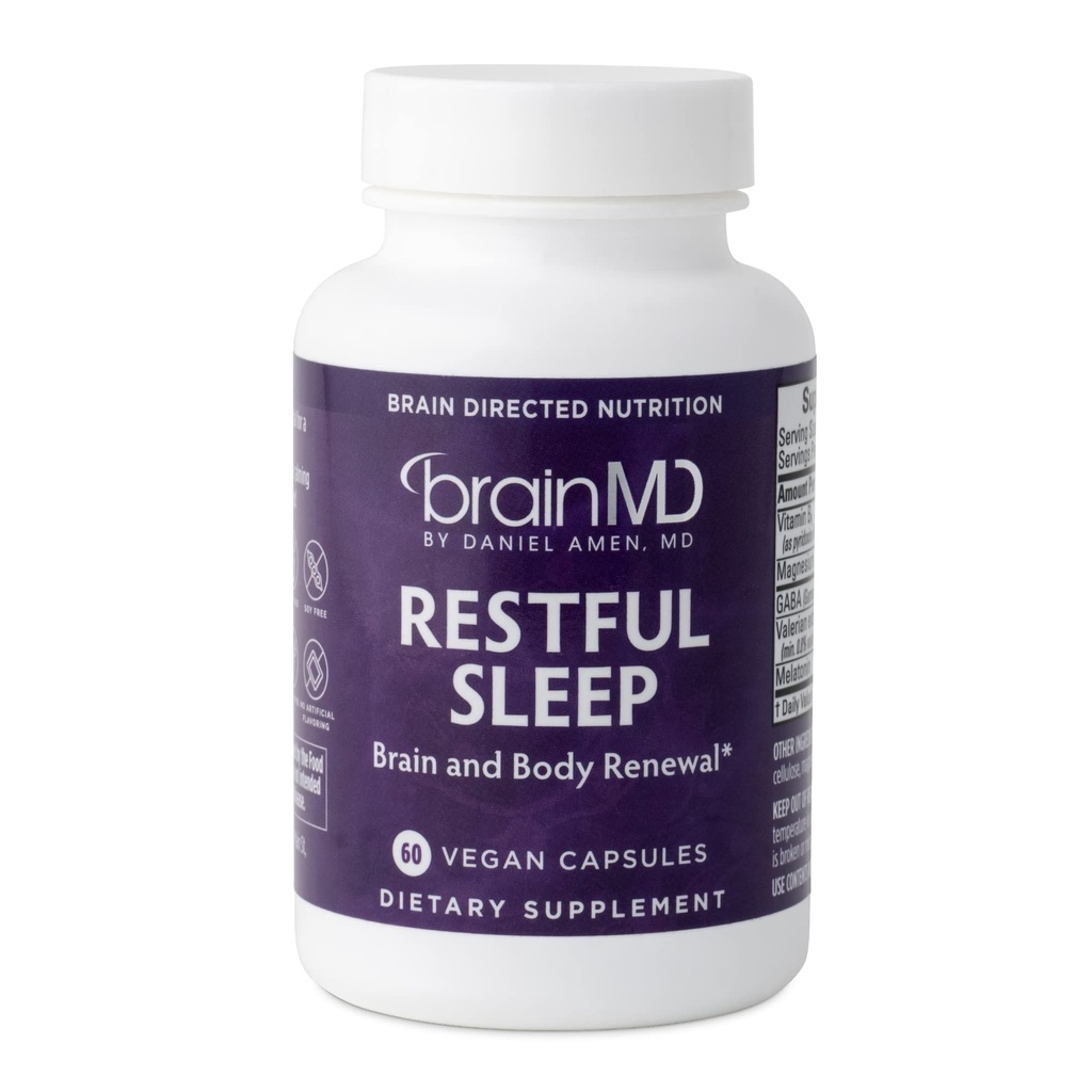 Dr. Amen brainMD Sommeil reposé - 60 Capsules - Favorise la relaxation et le calme, Contient de la mélatonine, Valérien, GABA et Magnésium, Non-Habit Forming - Sans gluten - 15 portions