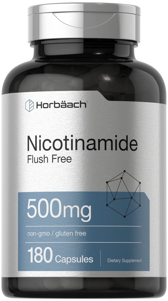 Horbäach Nicotinamid 500mg | 180 Kapseln | Flösh Kostenlose Nahrungsergänzung | Non-GMO und glutenfreies Vitamin