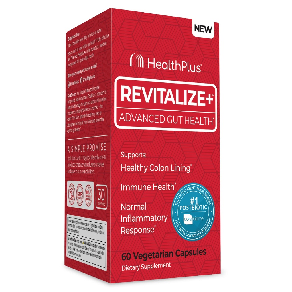Health Plus Revitalize+ Corebiome Tributyrin Postbiotics für vollständige Verdauungs-Gesundheit, Leaky Gut, Colon | Gut Health Supplements für Männer und Frauen | 60 Kapseln, 30 Portionen